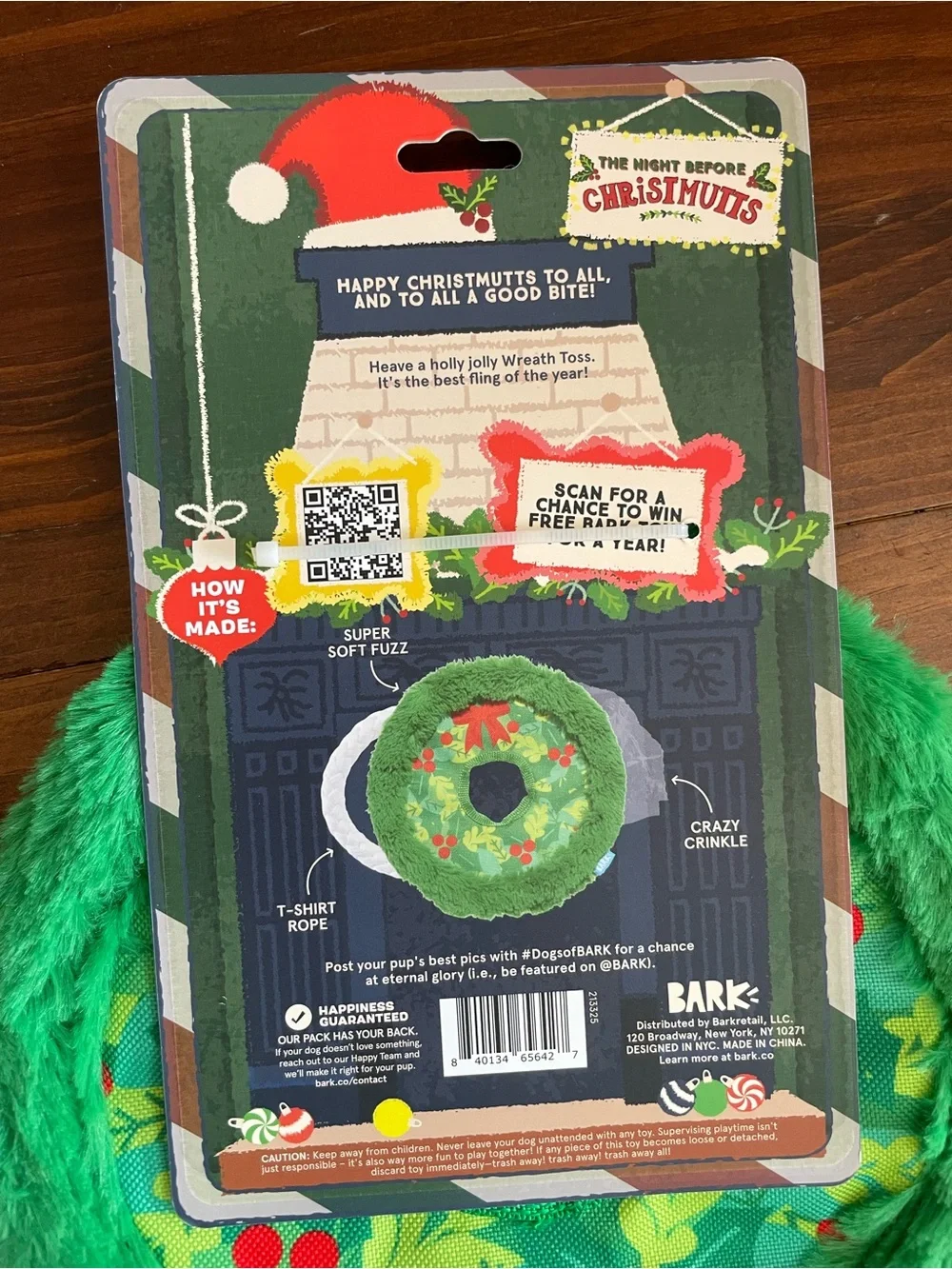New Bark Green Holiday Plush Wreath Dog Toy with Red Accents